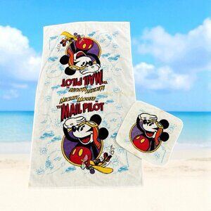 Vintage 90s  Disney Bath Towel & Washcloth Mickey Mouse Mail Pilot See Pics